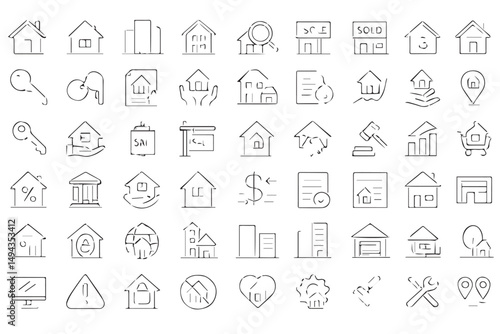 Vector icons representing real estate themes including homes, sales, legal, documents, buildings, and more, perfect for business, marketing, and property management line art icon set