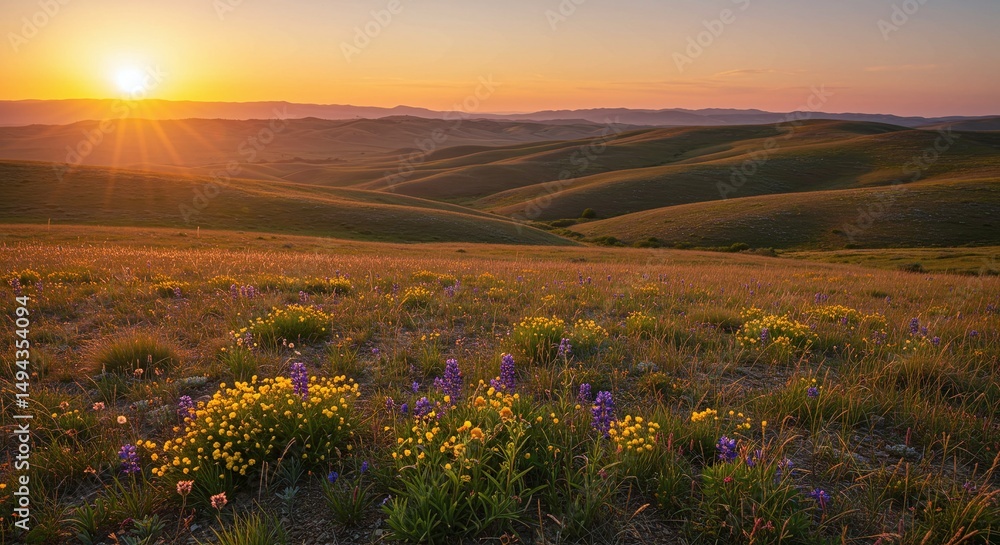 Fototapeta premium Rolling Hills Meadow at Sunrise with Wildflowers