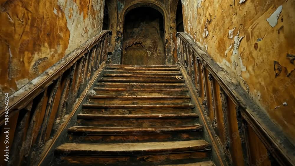 Decaying wooden staircase in a dilapidated building with peeling walls Decaying wooden staircase in a dilapidated building with peeling walls