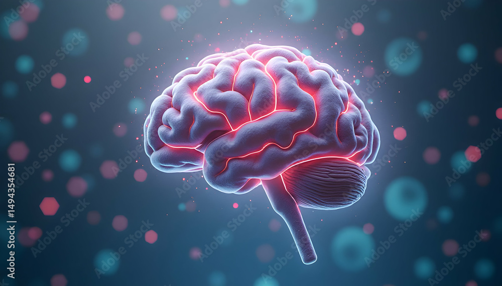Human Brain Model with Glowing Details on Blue Background Human Brain Model with Glowing Details on Blue Background
