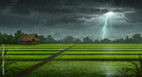 Rainy Season Landscape: Thunderstorm over Rice Paddy Field