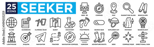 seeker icon collection set. Containing design Customer seeker, Compass, Map, Magnifying Glass, Binoculars,
