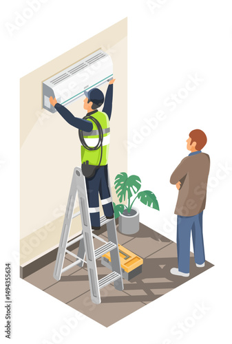 Professional technician standing on ladder while installing or repairing a wall-mounted air conditioner unit in a modern home interior