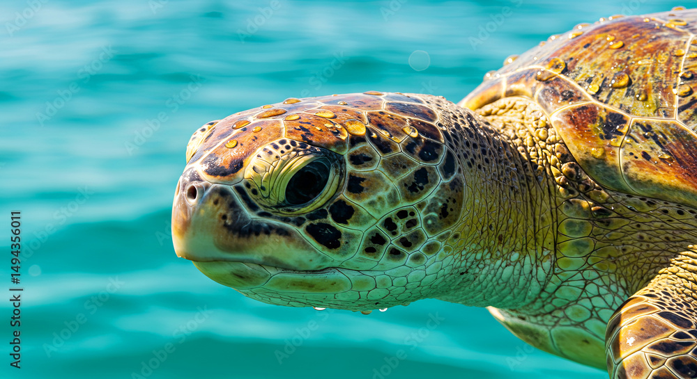 Fototapeta premium Sea Turtle Eye, Textured Skin with Sunlit Water Diamonds