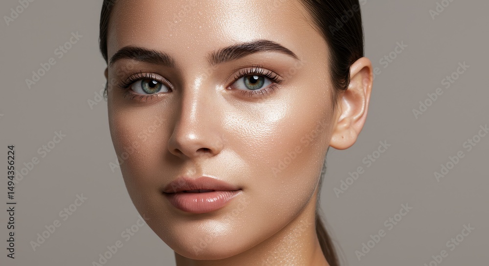 Fototapeta premium Serene Woman Portrait: Close-Up Beauty Shot - A close-up portrait of a woman showcasing natural beauty, radiating serenity, inner peace, and healthy skin. The symbolizes purity, confidence