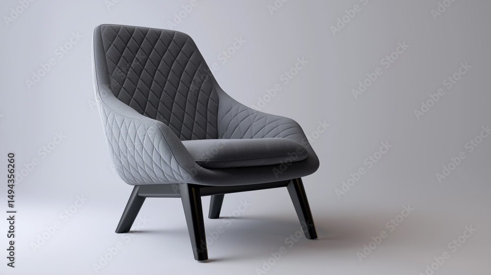 Fototapeta premium Elegant Dark Grey Armchair With Quilted Upholstery And Wooden Legs On Light Background