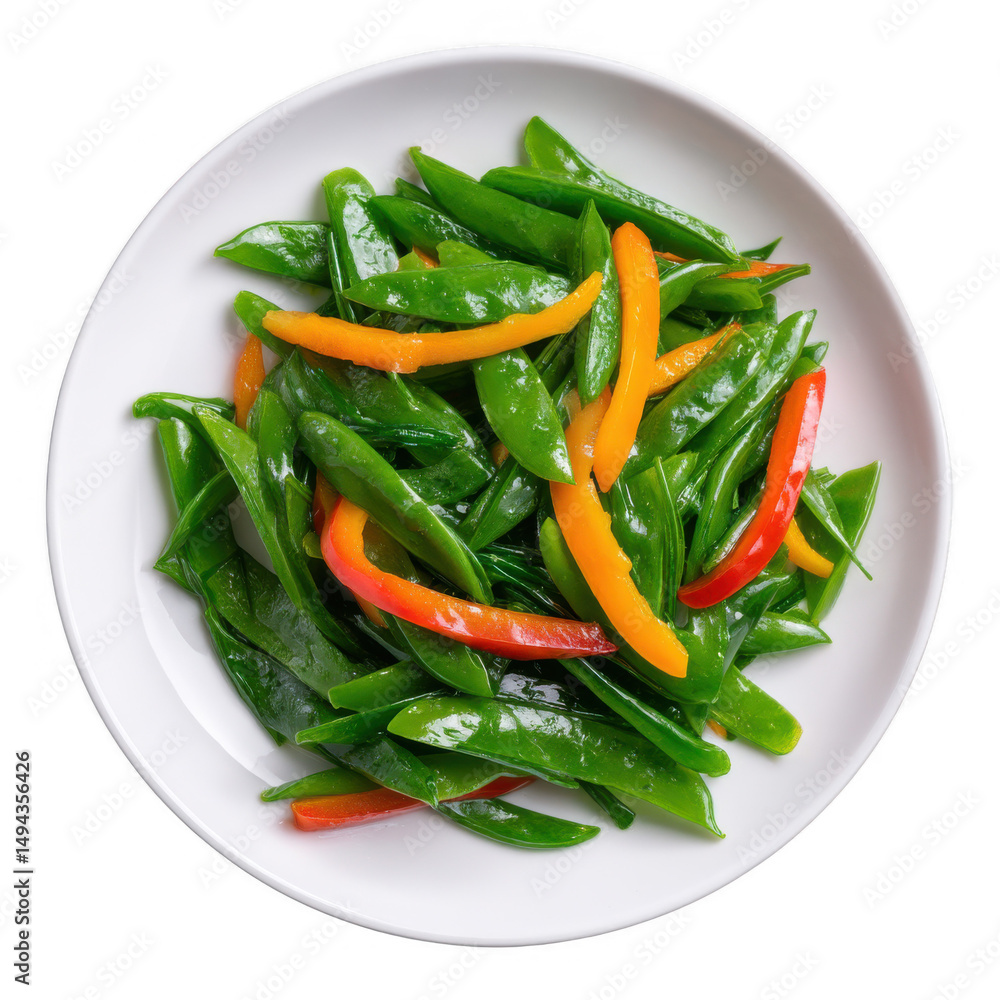 Overhead shot of vibrant green snap peas and colorful bell pepper strips artfully arranged on a clean white plate creating a fresh and appetizing culinary presentation. Overhead shot of vibrant green snap peas and colorful bell pepper strips artfully arranged on a clean white plate creating a fresh and appetizing culinary presentation.