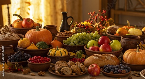 Abundance of Fall Harvest with Pumpkins, Grapes, Apples and Bread
