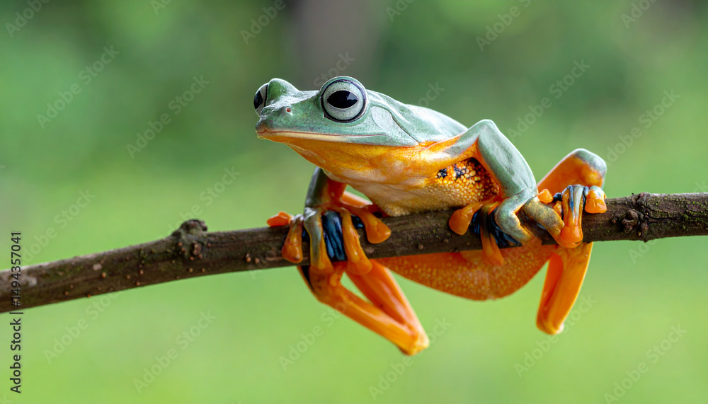 Naklejka premium Javan Tree Frog Sitting on Branch – Flying Frog Close-Up in Natural Habitat