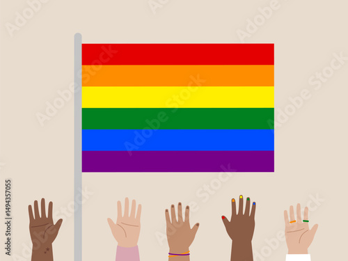 Pride flag rainbow diversity inclusion equality LGBTQ hands unity support celebration. image shows diverse hands raised front of rainbow pride flag symbolizing unity support and celebration