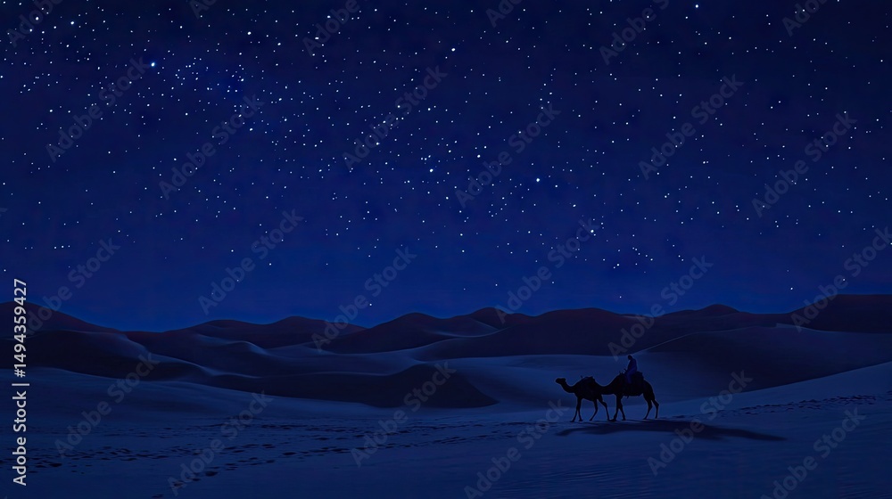 Fototapeta premium Silhouette camels traverse desert under starry night sky.