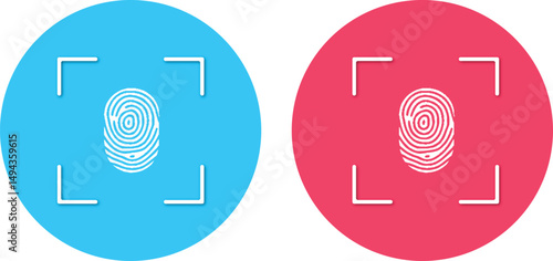 White fingerprint isolated on blue and red round background. Identification fingerprint sketches icon vector.