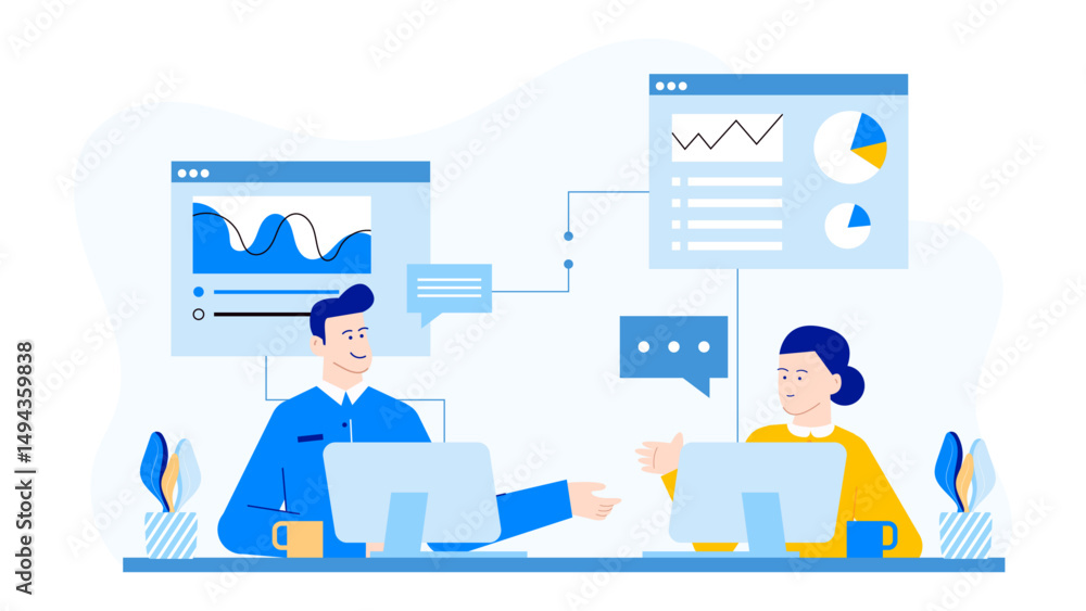 Two people collaborating on computer with graphs. Perfect for teamwork, data analysis, partnership, business projects, co-working space concepts. Two people collaborating on computer with graphs. Perfect for teamwork, data analysis, partnership, business projects, co-working space concepts.