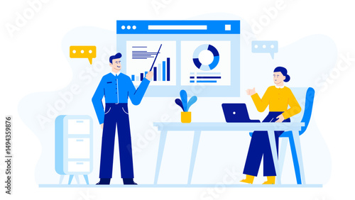 Two individuals analyzing data on a computer, perfect for business presentations, technology articles, teamwork concepts, and financial reports.
