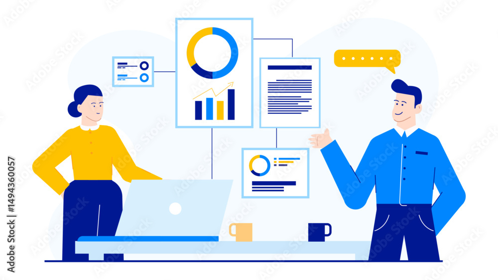 Two people discussing data charts on a laptop with mugs, suitable for business presentations, reports, teamwork, technology concepts. Two people discussing data charts on a laptop with mugs, suitable for business presentations, reports, teamwork, technology concepts.