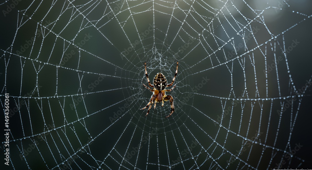 Fototapeta premium Spider in a Dew-Kissed Web