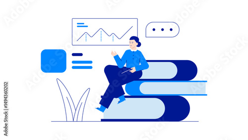 Woman sitting on books for a creative, educational or literary concept, academic blogs, bookstores, libraries, reading clubs, and learning materials.