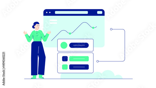 Woman near blue website and line graph, ideal for business presentations, data analysis blogs, finance reports, and digital marketing articles.