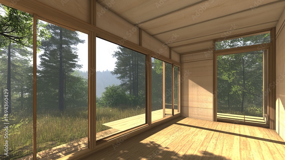 Fototapeta premium Modern interior with large windows, natural light, forest view, wood floor, cabin-like design