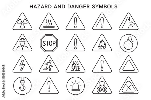 Hazard and danger symbols illustrating various safety warnings such as fire, electricity, radiation, gas leaks, explosions, and toxic substances in simple line art icon set