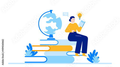 Woman with a lightbulb idea while reading; perfect for educational or inspirational content, brainstorming concepts, or creative learning materials.
