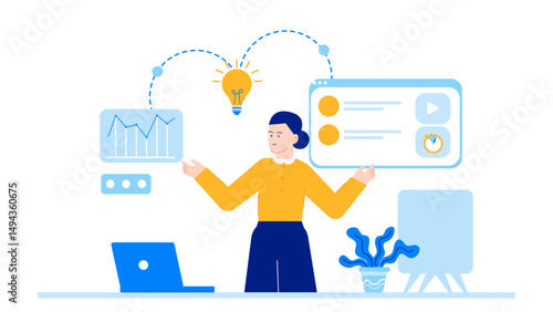 Woman presenting a business idea, suitable for presentations, entrepreneurship articles, marketing materials, corporate websites, and business concept visuals.