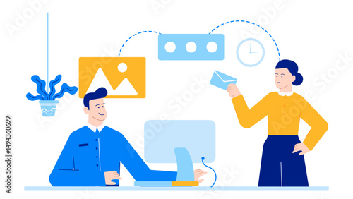Two colleagues collaborating at a desk in a modern office. Suitable for business presentations, websites, and marketing materials.