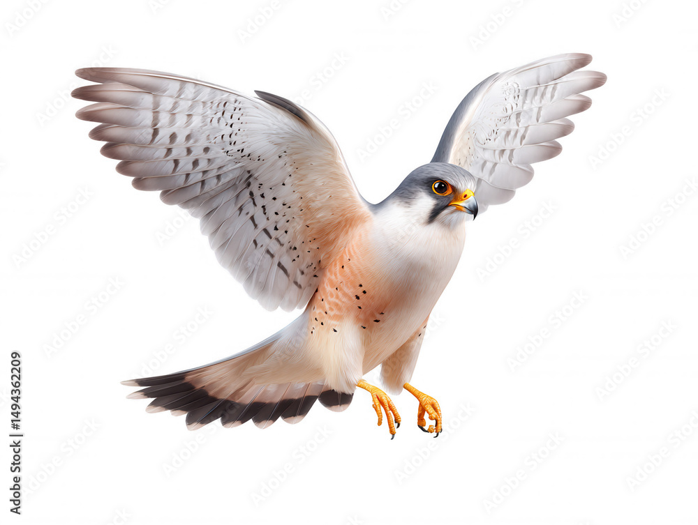 Obraz premium A beautiful Amur Falcon with its wings fully spread and flying gracefully against a clean white backdrop showcases its captivating plumage and features perfectly.