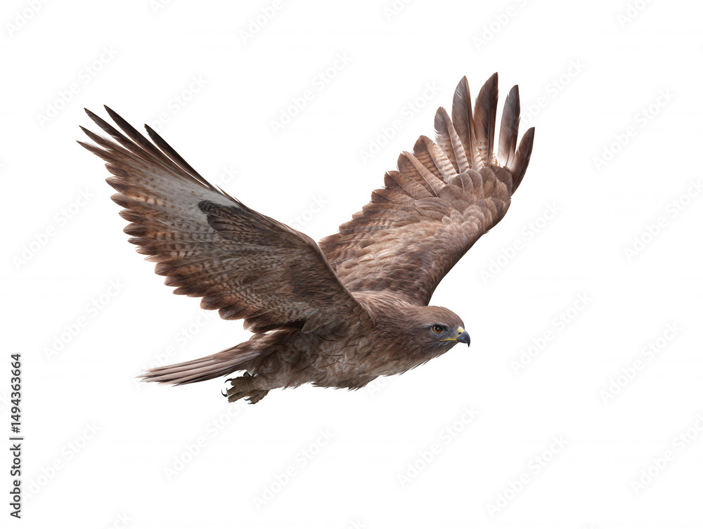 Fototapeta premium Majestic brown hawk soars gracefully against a clean white background, wings spread wide as it navigates the sky with precision and power in its natural habitat.