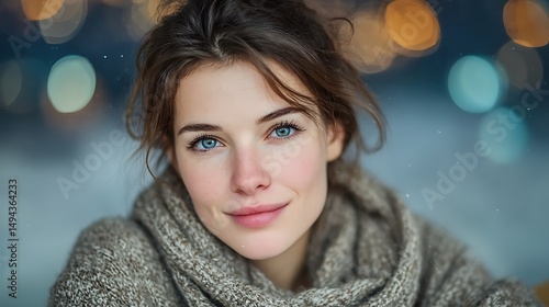 Wallpaper Mural Serene woman with radiant blue eyes wrapped in a cozy scarf against a blurred winter backdrop Torontodigital.ca