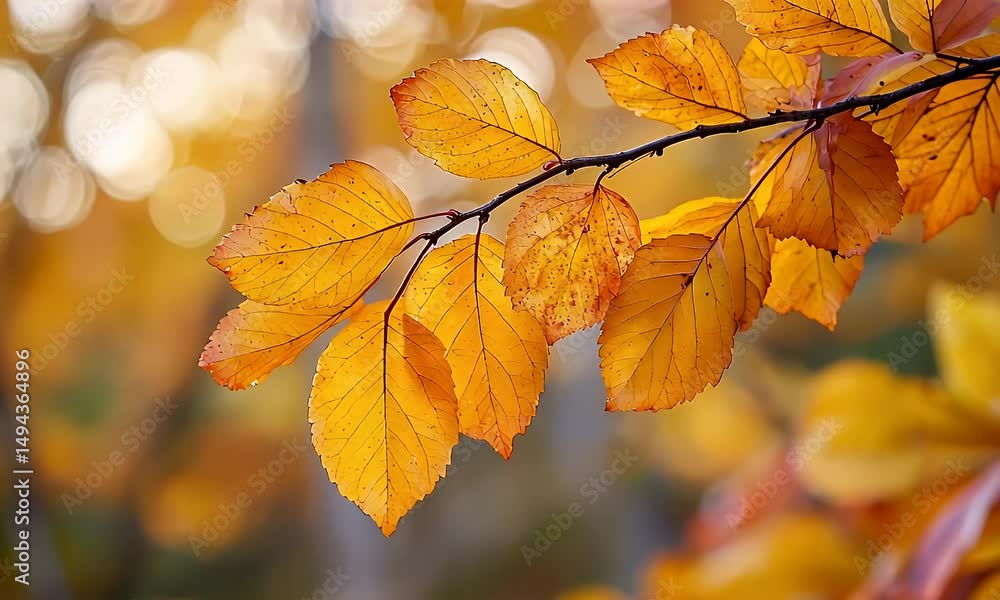 Yellow Autumn Leaves on Branch with Speckled Detail and Soft Bokeh Background in Natural Light Yellow Autumn Leaves on Branch with Speckled Detail and Soft Bokeh Background in Natural Light