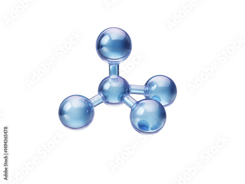 Transparent blue molecule model with spheres connected by rods, symbolizing science and representing molecular structure isolated against a white background.