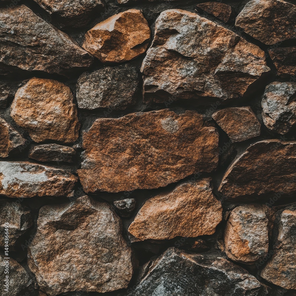 A close-up of a rustic stone wall featuring various shades of brown and grey irregularly shaped stones fitted tightly together A close-up of a rustic stone wall featuring various shades of brown and grey irregularly shaped stones fitted tightly together