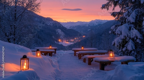 Lantern-lit benches overlooking a snowy valley glowing under the first light of dawn, Generative AI