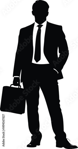 Silhouette of a businessman holding a briefcase, full body portrait style