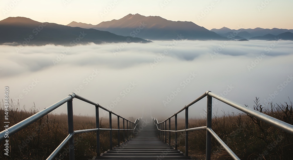 Fototapeta premium Stairway Leading to Mountain View Above Cloud Inversion