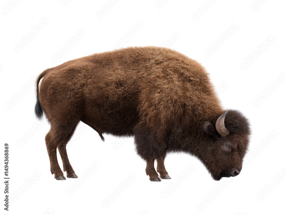 Fototapeta premium Majestic American bison grazes peacefully on a vast plain, its massive frame and shaggy coat a symbol of the untamed wilderness, isolated against white background.