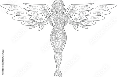 Ornate Angel Line Art Illustration, Detailed black and white line art drawing of an angel figure with intricate decorative patterns on the body and wings. Ideal for coloring books, spiritual themes, 