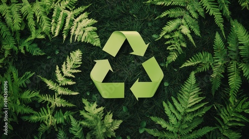 Green recycling symbol surrounded by lush ferns on a natural background showcasing eco-friendly concepts
