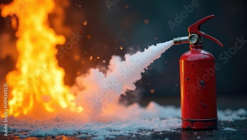 Close-up of a fire extinguisher spraying foam onto flames , safety training, fire extinguisher foam