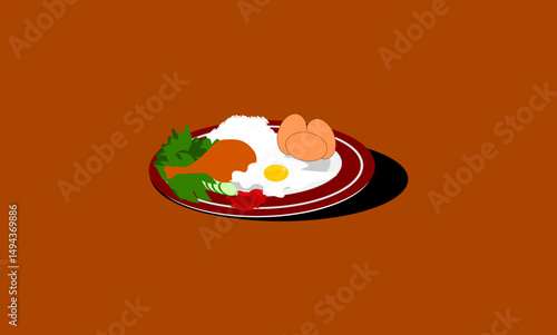 illustration of traditional rice food with pieces of meat and fried egg and some vegetables with chili sauce
