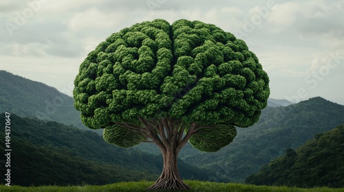 Unique Tree Formation Resembles Human Brain Surrounded by Lush Green Mountains and Cloudy Sky