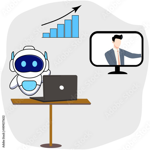 Artificial Intelligence Business Growth Illustration, a robot with a laptop and a businessman on screen, symbolizing artificial intelligence and business growth through digital technology.