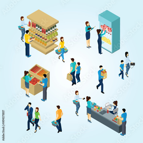 Isometric People Shopping supermarket communication urban fun city service order 3d product hypermarket design marketing 