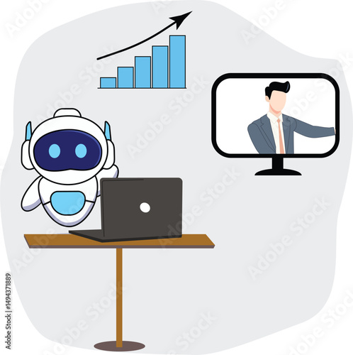 Artificial Intelligence Business Growth Illustration, a robot with a laptop and a businessman on screen, symbolizing artificial intelligence and business growth through digital technology.