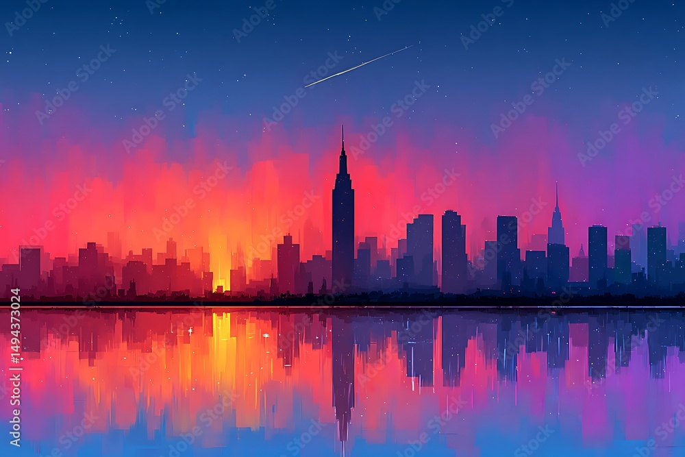 Obraz premium Vibrant cityscape silhouette reflecting on calm water under a starry night with a shooting star
