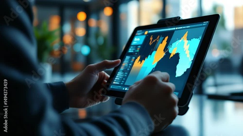Wallpaper Mural Hands holding tablet with heat map style financial charts in a dark setting with defocused city lights. Concept of high-frequency trading and market dynamics Torontodigital.ca