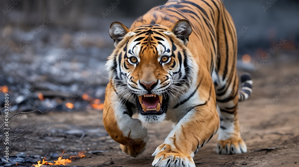Fototapeta premium Tiger on the Prowl with Intense Gaze Ready to Pounce and Attack