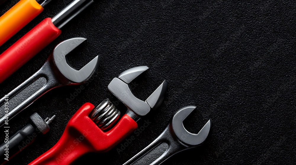 Fototapeta premium Wrenches and screwdrivers arranged on a textured black surface creating an industrial background