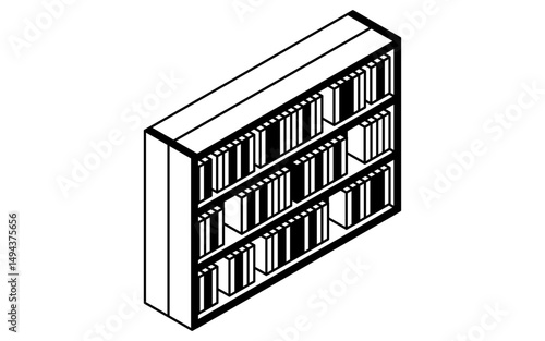 図書室や資料室にある背の低い本棚のシンプルでかわいいアイソメトリック線画イラスト